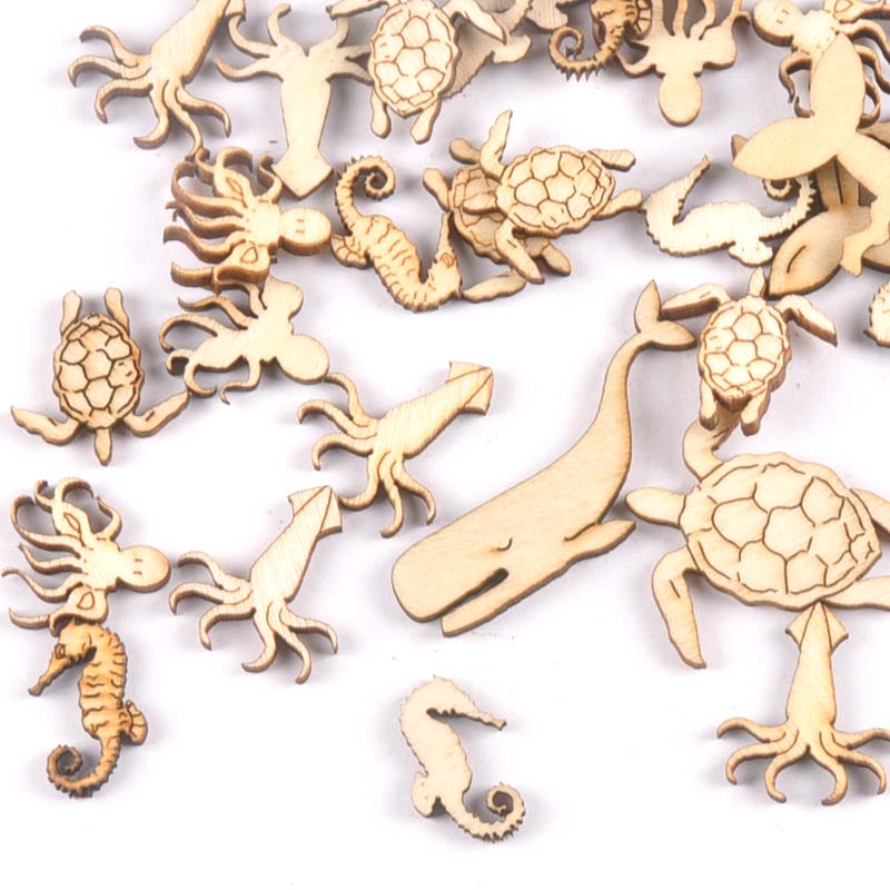 Craft Embellishments - 20 adet 25-40mm deniz kaplumbağası/at/balina ahşap