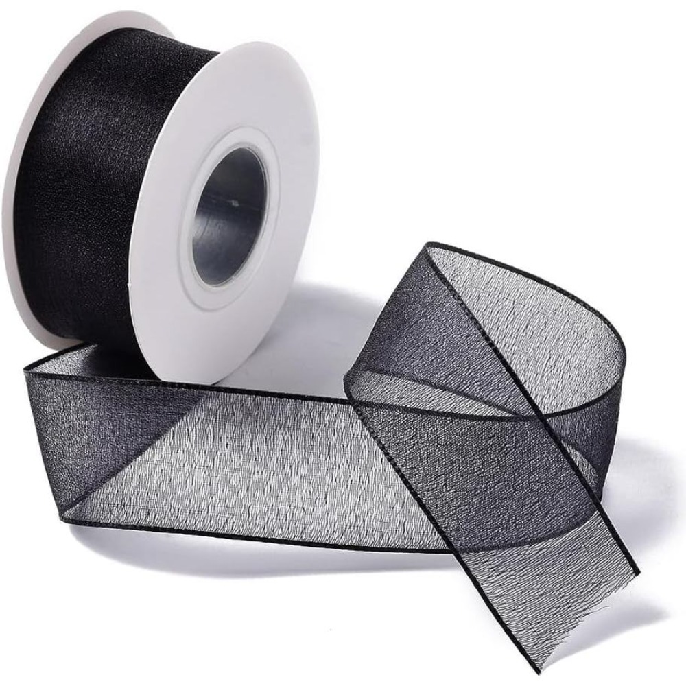 Organza Ribbon Spool - 1 İnç Siyah Organze Kurdele, Telli
