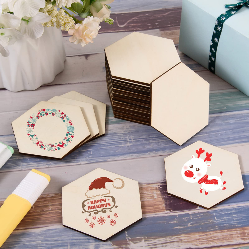 Christmas Craft Embellishment - 5cm Ahşap Altıgen Boş Dilimler İşlenmemiş